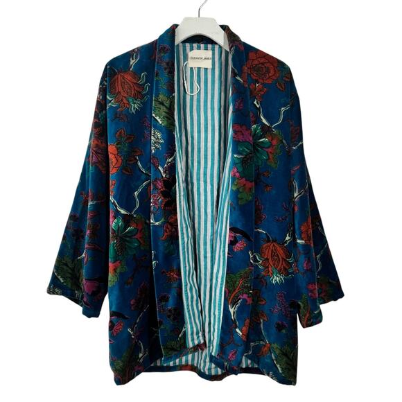 Eleanor James Penny Velvet Lounge Jacket Women M/L Blue Floral Boho Fall Pocket - Picture 1 of 9